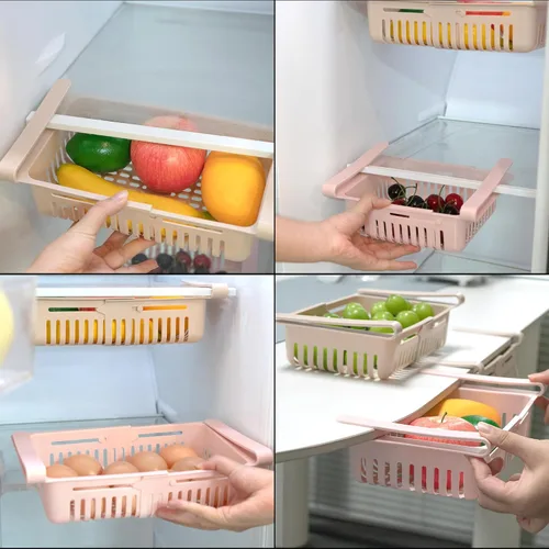 Vista 4 de Organizador de cajones para refrigerador, 2 paquetes, caja de almacenamiento retráctil, diseño único, estantes deslizantes extraíbles (rosa caqui)