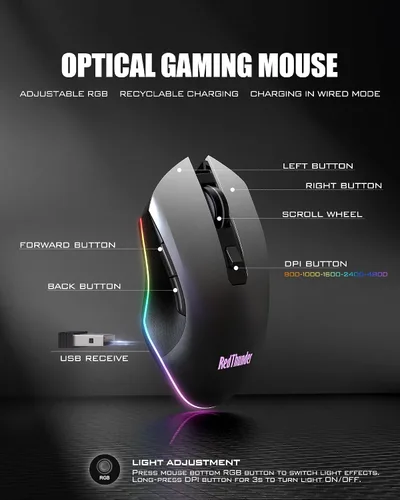 Vista 8 de RedThunder K75 Combo de teclado y mouse inalámbricos, teclado de membrana grabado lateral del 75%, mouse óptico para juegos con 4800 DPI, 3 modos