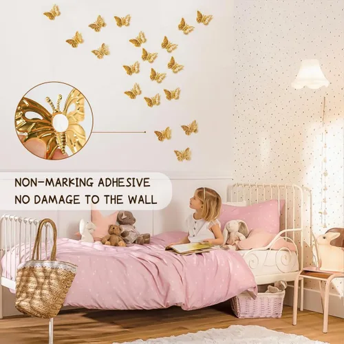 Vista 2 de 18 piezas de decoración de mariposa dorada, calcomanías de pared de mariposa 3D extraíbles, calcomanías de imanes para refrigerador, decoración