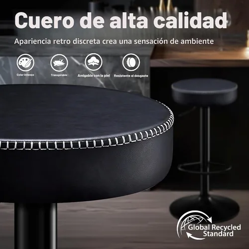 Vista 6 de STOOLINK Juego de 2 taburetes de bar giratorios de cuero de microfibra negro de altura de mostrador con asiento redondo, taburetes de bar ajustables