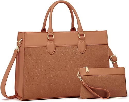 Vista 8 de BOLOSTA Bolsa para laptop para mujer, bolsa de trabajo de 15.6 pulgadas para mujer, bolsa grande de cuero impermeable para computadora con bolso
