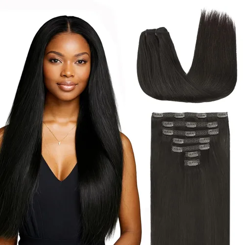 Vista 75 de Lashey Extensiones de cabello humano con clip, sin costuras, #1, color negro azabache, extensiones de cabello humano real, extensiones de cabello