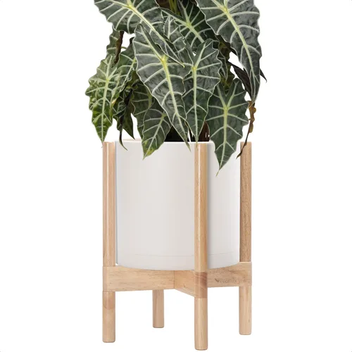 Vista 41 de Maceta de D'vine Dev con soporte - Maceta de flores de cilindro de plástico de 8.0 pulgadas con soporte de madera para interiores, maceta mate negra