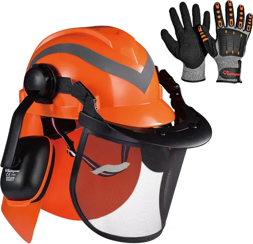 Vista 10 de Safeyear Casco de motosierra con protector facial y orejeras, casco forestal certificado ANSI con correa para la barbilla, visera de malla