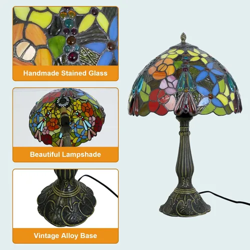 Vista 5 de Tiffany - Lámpara de mesa de 12 x 12 x 19 pulgadas, lámpara de mesa multicolor estilo flores, lámpara de vitral, mesita de noche, luz de escritorio