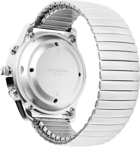 Vista 2 de Maujoy Atomic Talking - Reloj para ciegos y personas con discapacidad visual con banda de rayas de acero inoxidable con acento americano claro