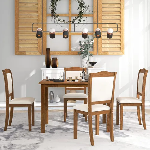 Vista 2 de RUNNA Juego único de mesa de comedor de madera de 5 piezas con mesa rectangular y 4 sillas tapizadas, para lugares pequeños y cocina, cómodo