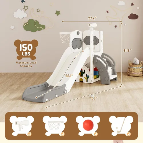 Vista 2 de Tobogán 8 en 1, tobogán interior para niños pequeños de 1 a 3 años y juego para interiores y exteriores, con almacenamiento, escalador, telescopio