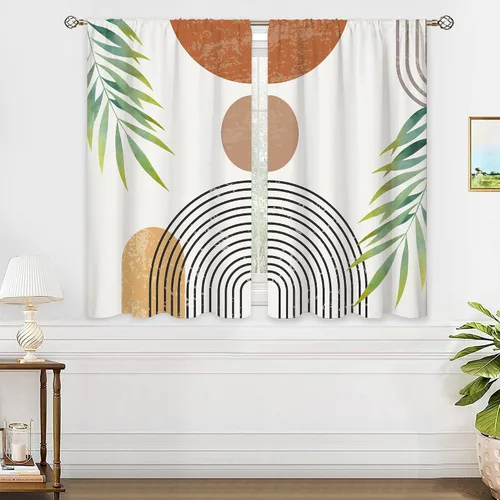 Vista 4 de Cortinas bohemias de cocina pequeñas de mediados de siglo, tratamiento abstracto moderno para ventana, bolsillo para cortinero, cortinas cortas