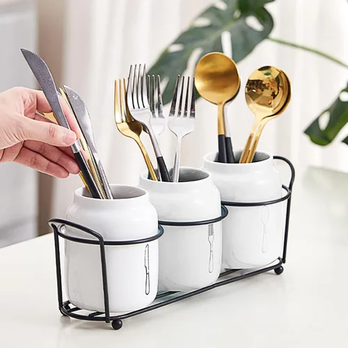 Vista 5 de Soporte de cubiertos de 4 piezas para organizador de encimera de cerámica blanca con estante de metal negro, soporte para tenedor, cuchara