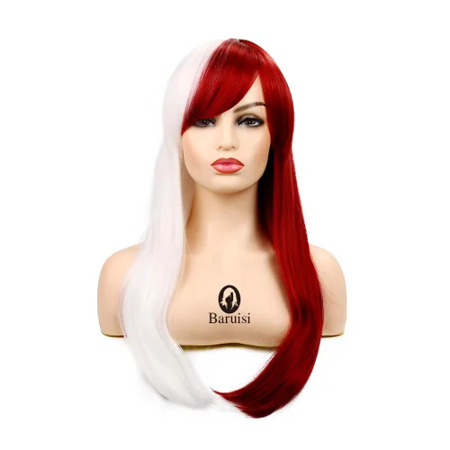 Vista 3 de Baruisi Peluca larga y recta de anime para mujer, peluca de cabello sintético de Halloween rojo y blanco