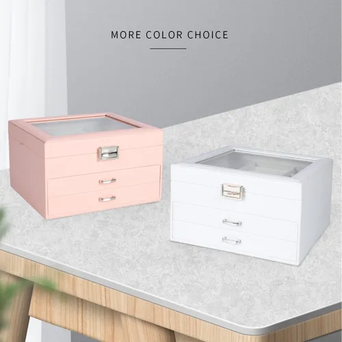 Vista 7 de DQUTAR Joyero con tapa de cristal caja organizadora de joyas de piel sintética de 3 capas con 2 cajones joyero para mujeres y niñas caja de joyería