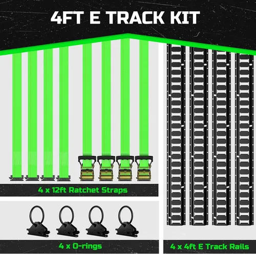 Vista 2 de Trekassy Kit de riel E Track de 4 pies con 4 correas de trinquete y 4 juntas tóricas, riel electrónico negro resistente para remolques, furgonetas
