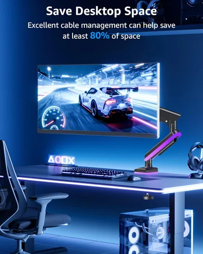 Vista 2 de MOUNTUP Brazo de monitor único RGB para 32, 27, 24, 22 pulgadas, soporta pantallas de 4.4 a 22 libras, soporte de monitor para escritorio con luces