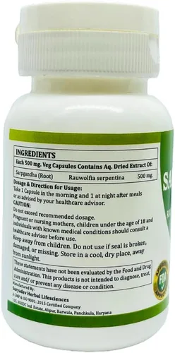 Vista 2 de Morsan Healthcare Sarpgandha (Rauvolfia Serpentina) 500 mg. Cápsulas, suplemento puro y herbario 60 mg. Veg. Cápsulas