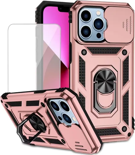 Vista 9 de Funda para iPhone 13 Pro Max de 6.7 pulgadas con protector de pantalla de vidrio templado y cubierta para cámara deslizante, anillo magnético Azul