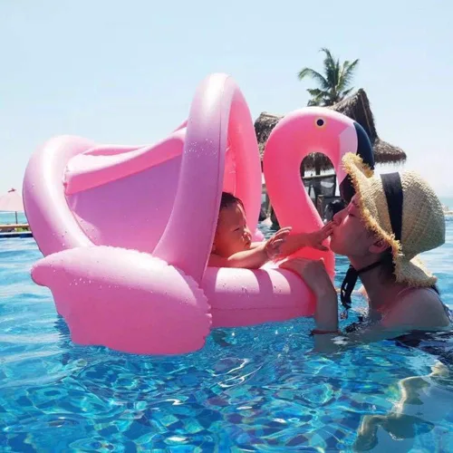 Vista 2 de Flotador de piscina para bebés con dosel, anillo de natación inflable de flamenco, flotadores de piscina infantil, juguetes para bebés, niñas