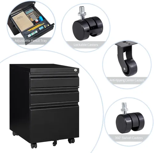 Vista 6 de Archivador móvil de metal, archivador de 3 cajones con cerradura y ruedas para oficina en casa, tamaño carta A4, gabinete de almacenamiento con Negro