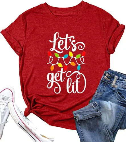 Vista 11 de Camisetas navideñas para mujer Let's Get Lit, camisa con lindo diseño gráfico de luces, manga corta, tops y camisetas de Navidad Gris-Carbón