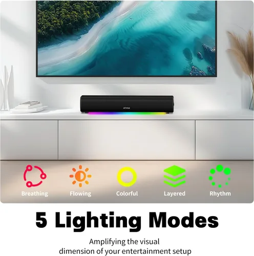 Vista 8 de Barra de sonido para Smart TV, barra de sonido de 16'/60W con graves impactantes, luz dinámica y control remoto, altavoces de TV montables en pared
