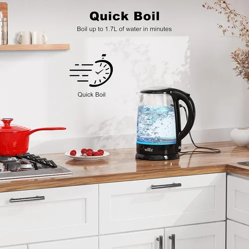 Vista 6 de Willz Hervidor eléctrico de vidrio con mango resistente al calor y vertido inalámbrico, tecnología de ebullición rápida y apagado automático, luz