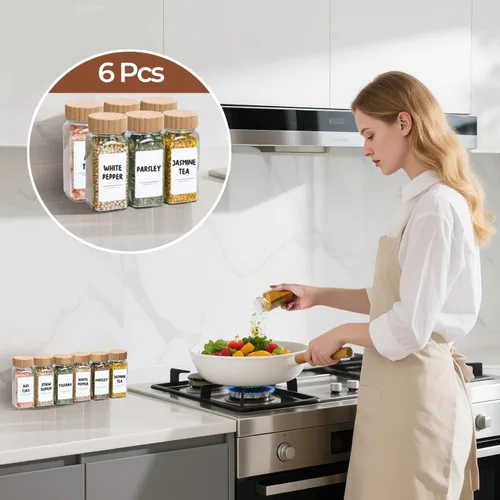 Vista 6 de ComSaf 4 onzas 6 piezas de tarros de especias de vidrio con etiqueta, recipientes de especias vacíos con tapas de bambú, recipientes de condimentos