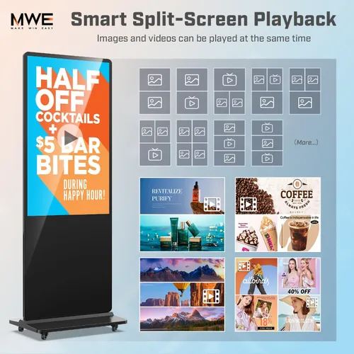 Vista 5 de MWE 32 pulgadas piso interior de pie señalización digital, sistema CMS, quiosco de exhibición de publicidad, pantalla LCD tótem comercial póster