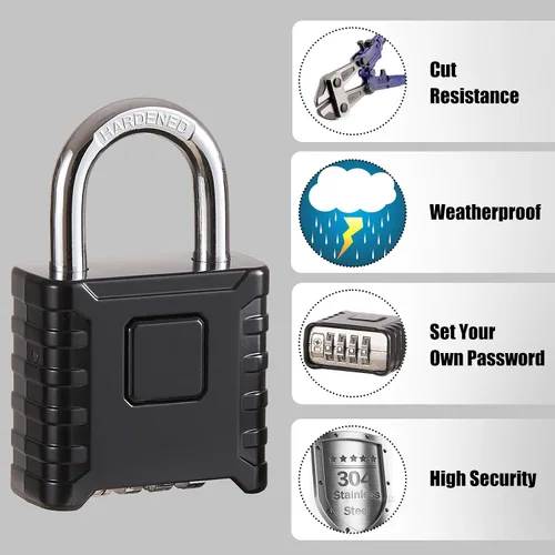 Vista 4 de Cerradura de combinación de 4 dígitos de alta resistencia, gran resistencia, desbloqueo con un toque, función antierror, candado impermeable de alta