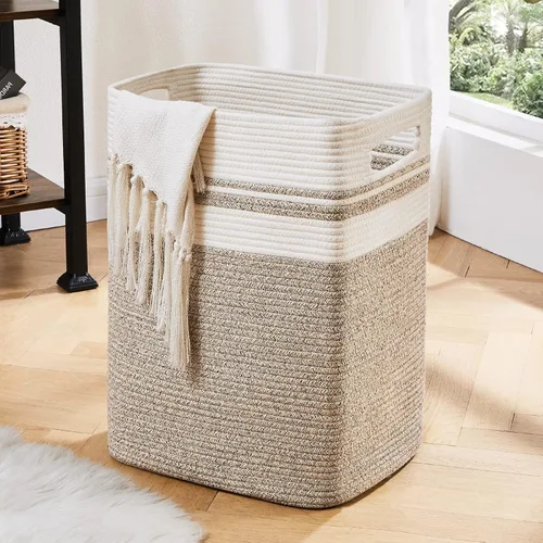 Vista 14 de OIAHOMY - Cesta de lavandería de 91L, cesta de lavandería XXXL, cesta plegable de cuerda de algodón, cesta de almacenamiento tejida para mantas Negro