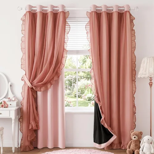 Vista 35 de PONY DANCE 100% Blackout Beige Curtains for Bedroom, Double Layer Room Darkening Drapes with White Ruffle Sheer Overlay, Boho Living Room Decor