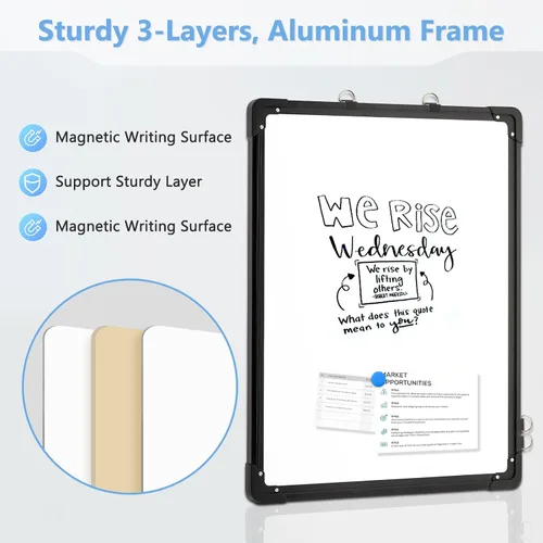 Vista 3 de Pizarra blanca magnética de doble cara, 16 x 12 pulgadas (negro) Dry Erase Board, Whiteboard for Wall Hanging Marker Board White Board Dry Erase