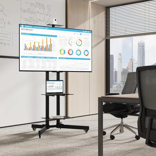 Vista 8 de Yaheetech Soporte de TV móvil, carrito de televisión ajustable con ruedas de bloqueo para pantalla plana de plasma LED LCD 30-60 de hasta 110