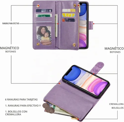 Vista 2 de UEEBAI Funda tipo cartera para iPhone 11 de 6.1 pulgadas, piel sintética con purpurina, cierre magnético, bolsillo con cremallera, ranuras