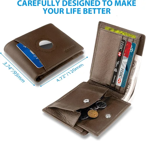 Vista 3 de doeboe Billetera triple con bolsillo para monedas, billetera Airtag con bloqueo RFID, cartera para tarjetas de crédito para hombre, de piel