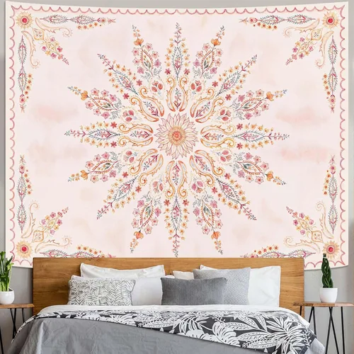 Vista 40 de Fowocu Tapiz bohemio con mandala floral para colgar en la pared, medallón de flores bohemias, tapiz estético, beige, naranja, hippie, indio, pequeño