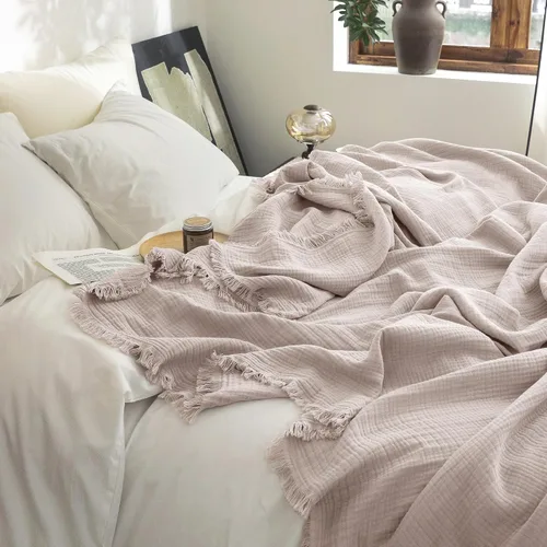 Vista 11 de FOSSA Manta de Muselina con Flecos - Gasa de Algodón 100% de 4 Capas Súper Suave y Transpirable - Manta Decorativa Ligera y Refrescante para Cama