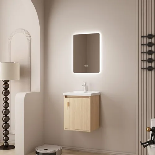 Vista 9 de Tocador de baño pequeño de 16 pulgadas montado en la pared, tocador de baño pequeño con fregadero de cerámica, tocador de baño moderno con cajones