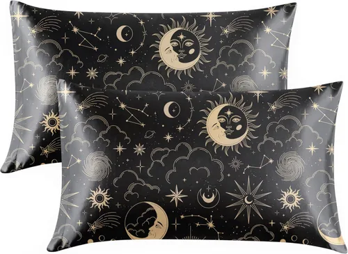 Vista 41 de EXQ Home - Funda de almohada de satén para cuidar el cabello y la piel, tamaño estándar, de seda con estampado negro, juego de 2 fundas con cierre