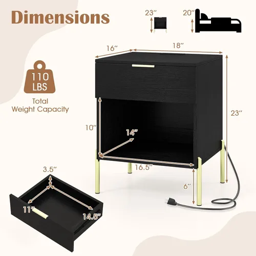 Vista 3 de Giantex Nightstand with Charging Station, Mid Century Modern Bedside Table with Storage Drawer & Open Compartment, End Table w/Wood Grain & Metal