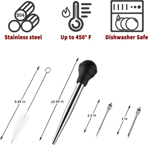 Vista 3 de JY COOKMENT Jeringa de acero inoxidable para pavo Baster Baster Jeringa para cocinar Inyector de carne con 2 agujas de marinada, 1 cepillo