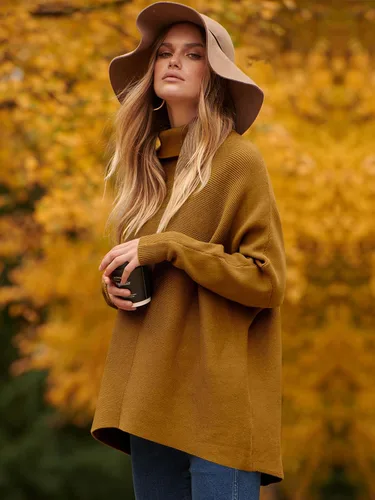 Vista 7 de Caracilia Suéter de manga larga con cuello alto para mujer, dobladillo irregular, informal, suéter de punto