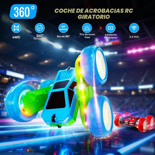 Vista 2 de Auto a control remoto, auto de acrobacias RC de 360° con rotación y giros con carga USB-C, batería modular, 4WD, autos RC con tiras de luces LED