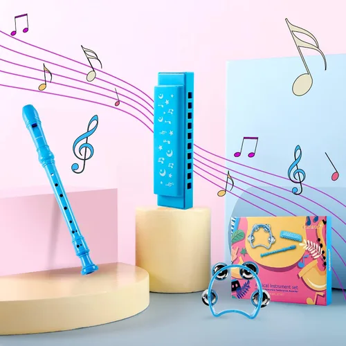 Vista 7 de EAST TOP Juego de 3 instrumentos musicales de grabadora que incluye armónica, flauta, pandereta para niños, estudiantes que juegan como regalo Azul