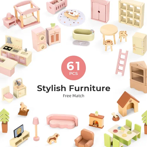 Vista 5 de OOOK Casa de muñecas de madera con 60 accesorios de muebles de lujo, incluyendo 4 muñecas y 2 mascotas, casa grande de muñecas de 3 pisos con 6