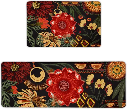 Vista 9 de Tyrot Alfombras de cocina negras estilo boho azteca, juego de 2 tapetes acolchados antifatiga, alfombras de espuma de estilo occidental para cocina