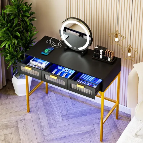 Vista 7 de Gurexl Escritorio LED de maquillaje con luces, juego de tocador con estación de carga, tocador LED con 3 cajones de almacenamiento para dormitorio