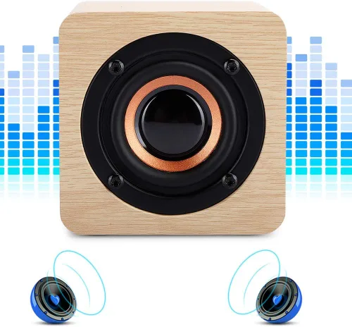 Vista 5 de Altavoz Bluetooth retro, altavoz portátil de madera amarillo alimentado por USB con sonido HD y graves ricos para computadora PC
