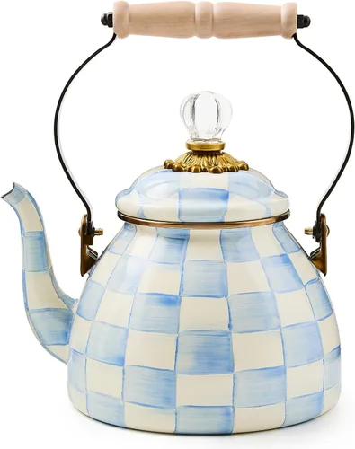 Vista 10 de MACKENZIE-CHILDS Tetera esmaltada, elegante tetera para estufa, cuadros cortesanos en blanco y negro, 3 cuartos de galón color fantasía