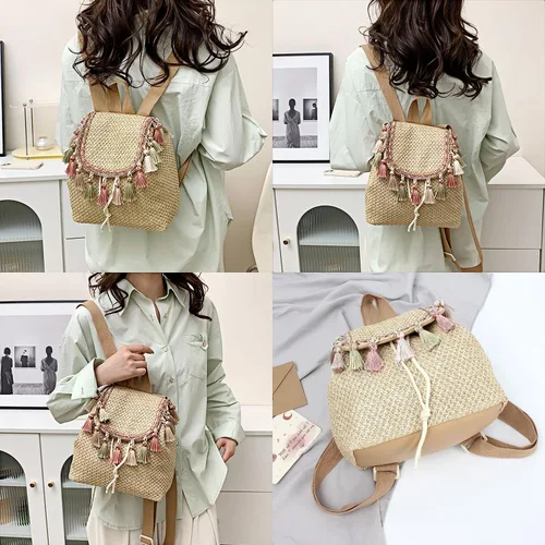 Vista 2 de Meyaus Mochila tejida de paja pequeña con borlas y cordón para mujer, Borlas Caqui, Mochilas Daypack