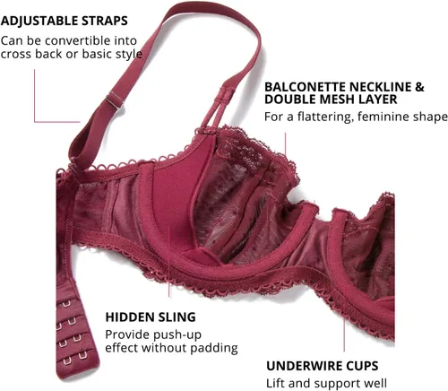 Vista 3 de DOBREVA - Brasier de encaje sensual estilo balconette para mujer, con varillas, sin forro, talla grande